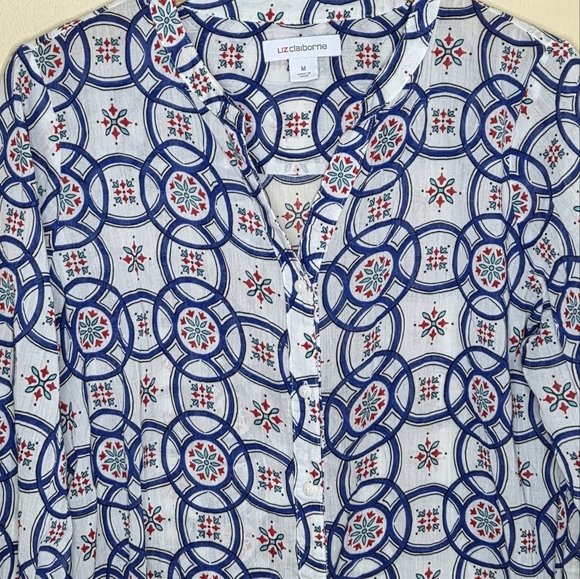 Liz Claiborne | White Blue Circle Print Long Sleeve Button Up Shirt Size Medium - Picture 2 of 4